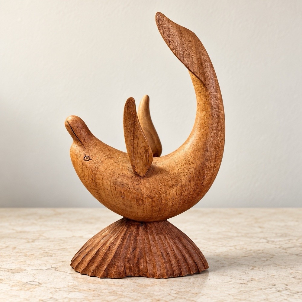 Hand Carved Wooden Jumping Dolphin Sculpture Coastal Nautical Art Decor Beach